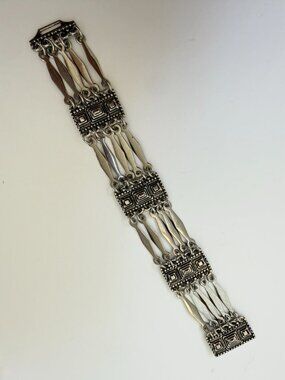 Vintage Mexico Sterling Silver Geometric Panel Bracelet 925 Mid Century Boho